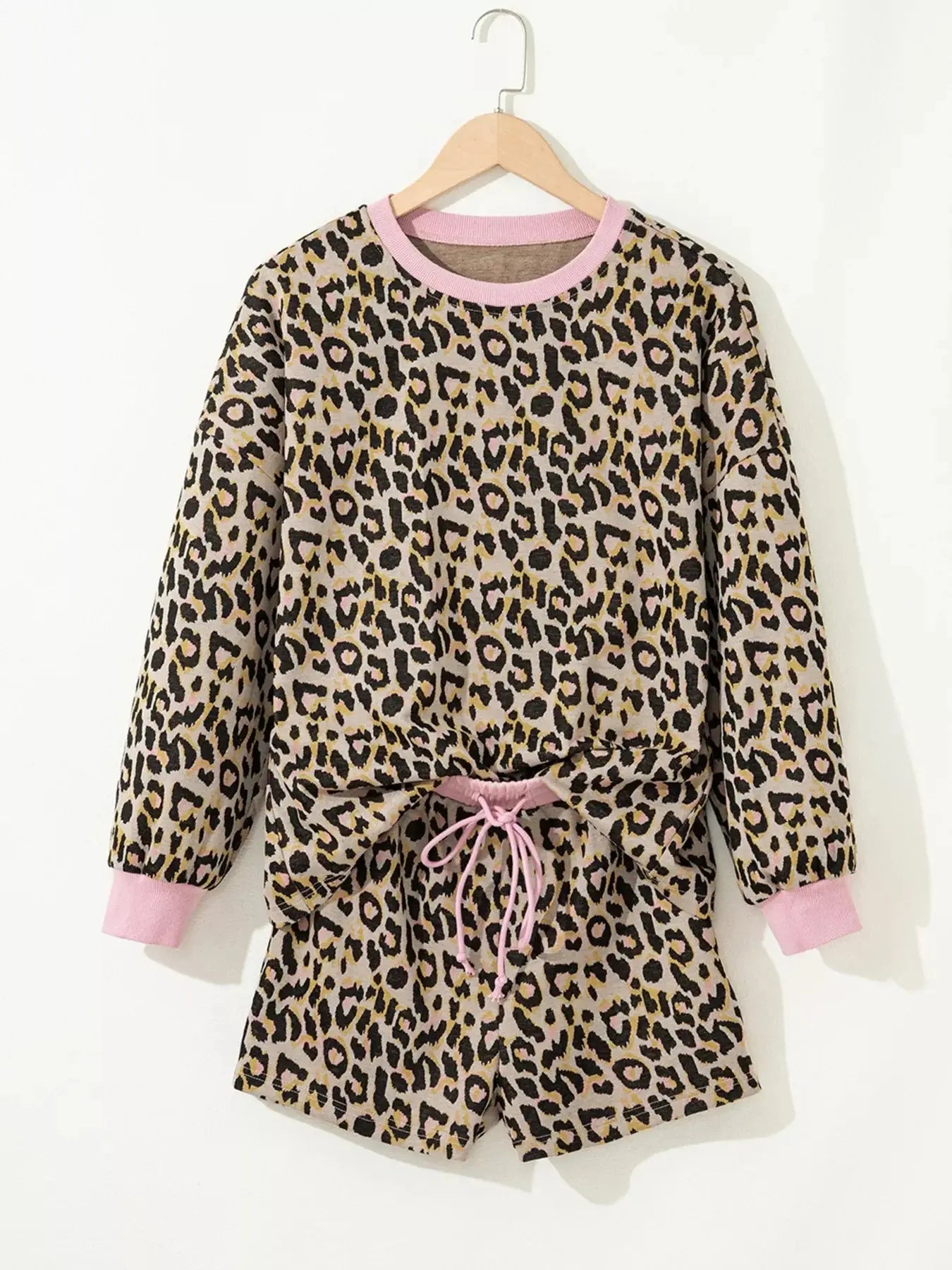 Leopard Print Lounge Set With Pink Trim Drawstring Shorts And Long Sleeve Top Simply Love