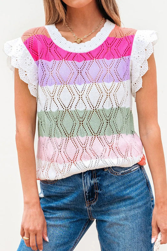 Openwork Round Neck Cap Sleeve Knit Top Simply Love
