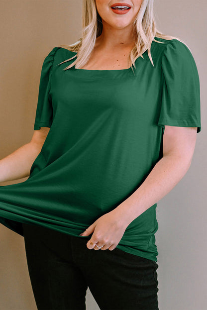 Chic green plus size square neck top with ruched shoulders