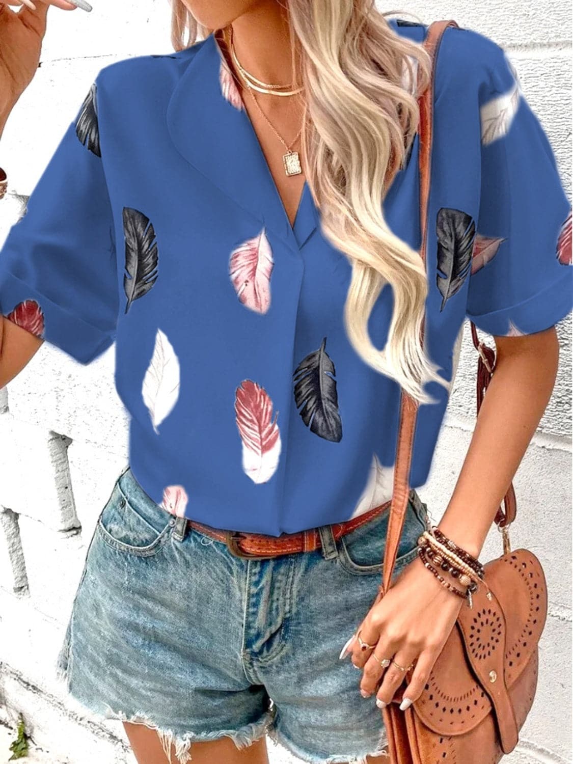 Full Size Printed Collared Neck Short Sleeve Blouse.