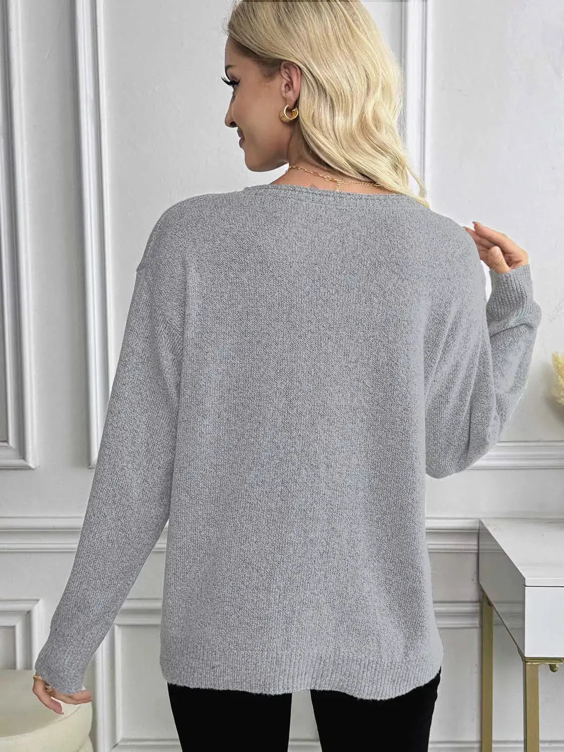 V-Neck Long Sleeve Knit Top Simply Love