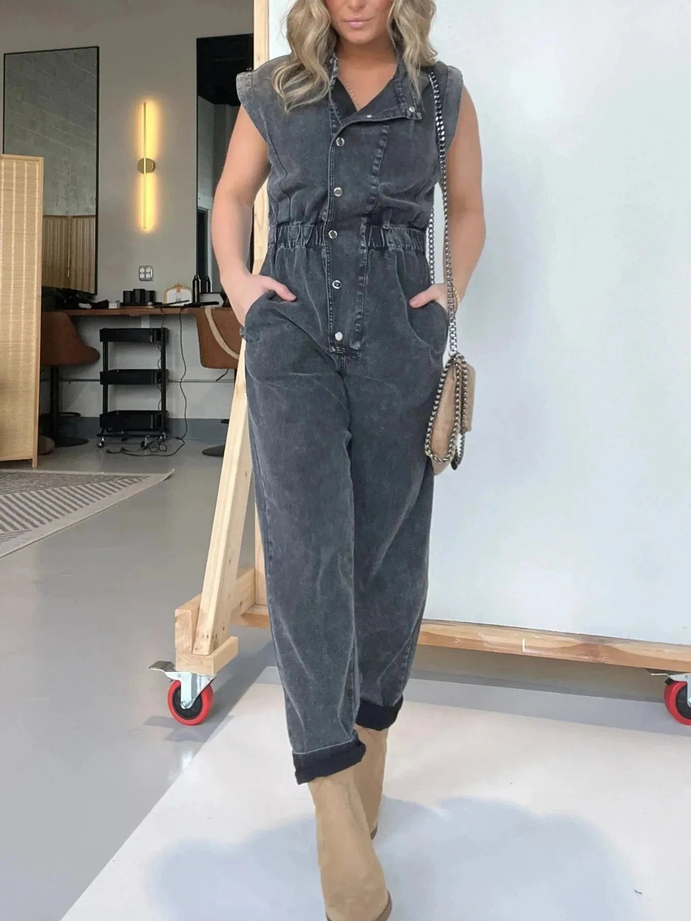 Full Size Button Front Cap Sleeve Denim Jumpsuit Plus Size Coco’s Tee Boutique