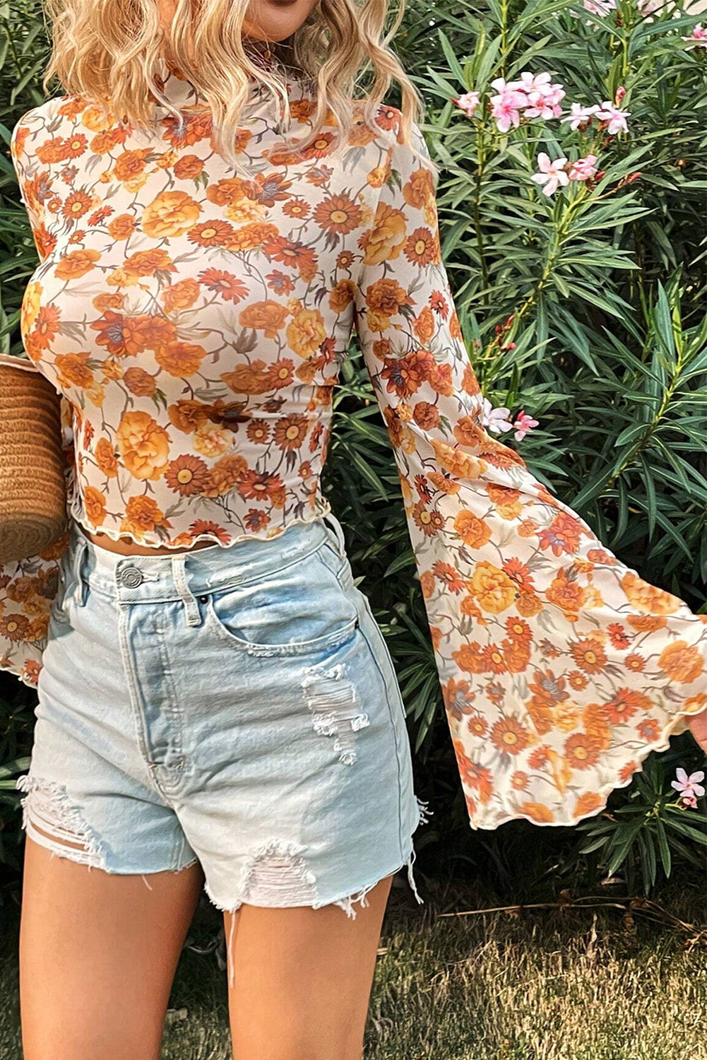 Orange Floral Printed Bell Sleeve Mock Neck Scallop Trim Blouse