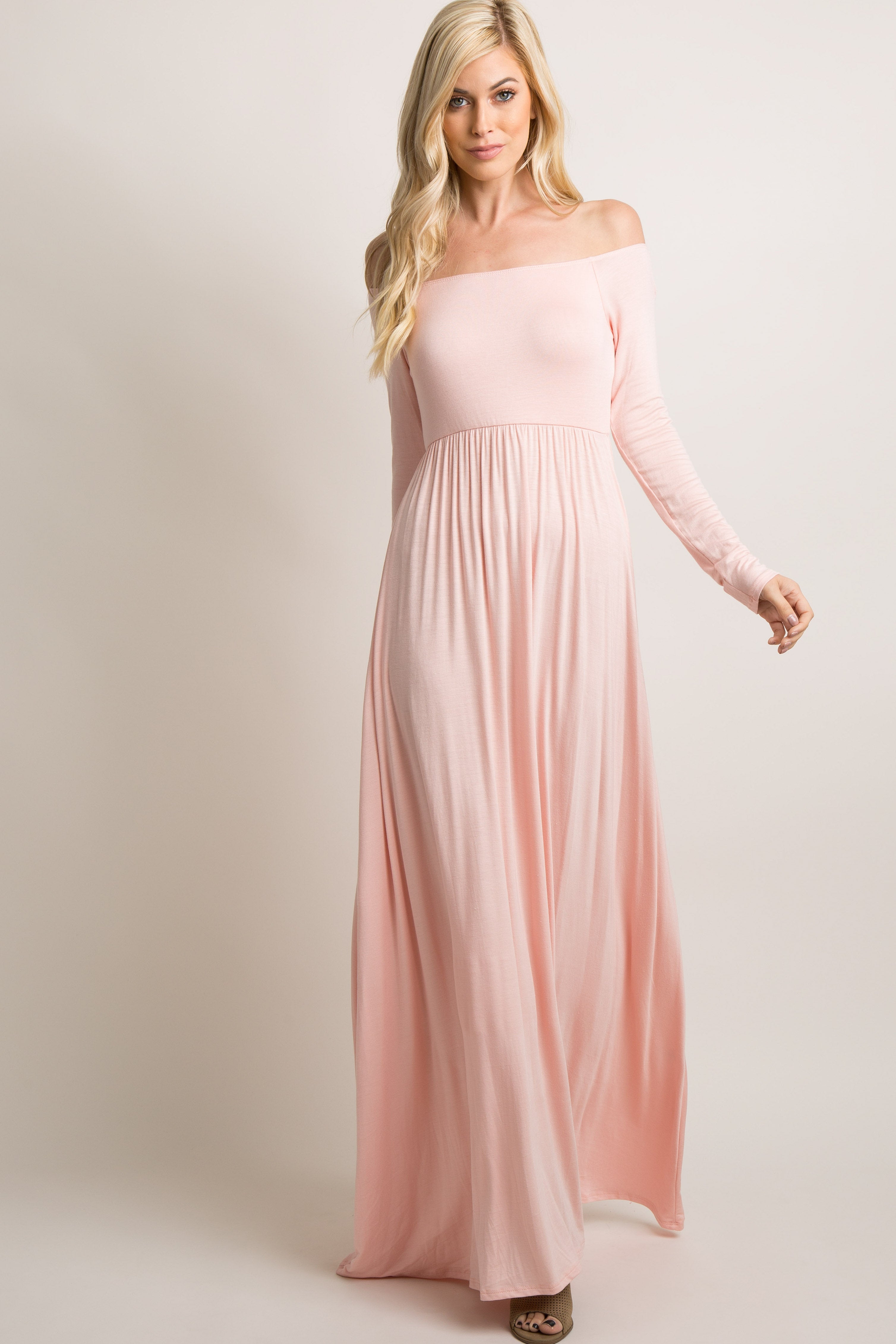 PinkBlush Petite Pink Solid Off Shoulder Maxi Dress, a full view of the elegant, flowing apparel for quality fashion.
