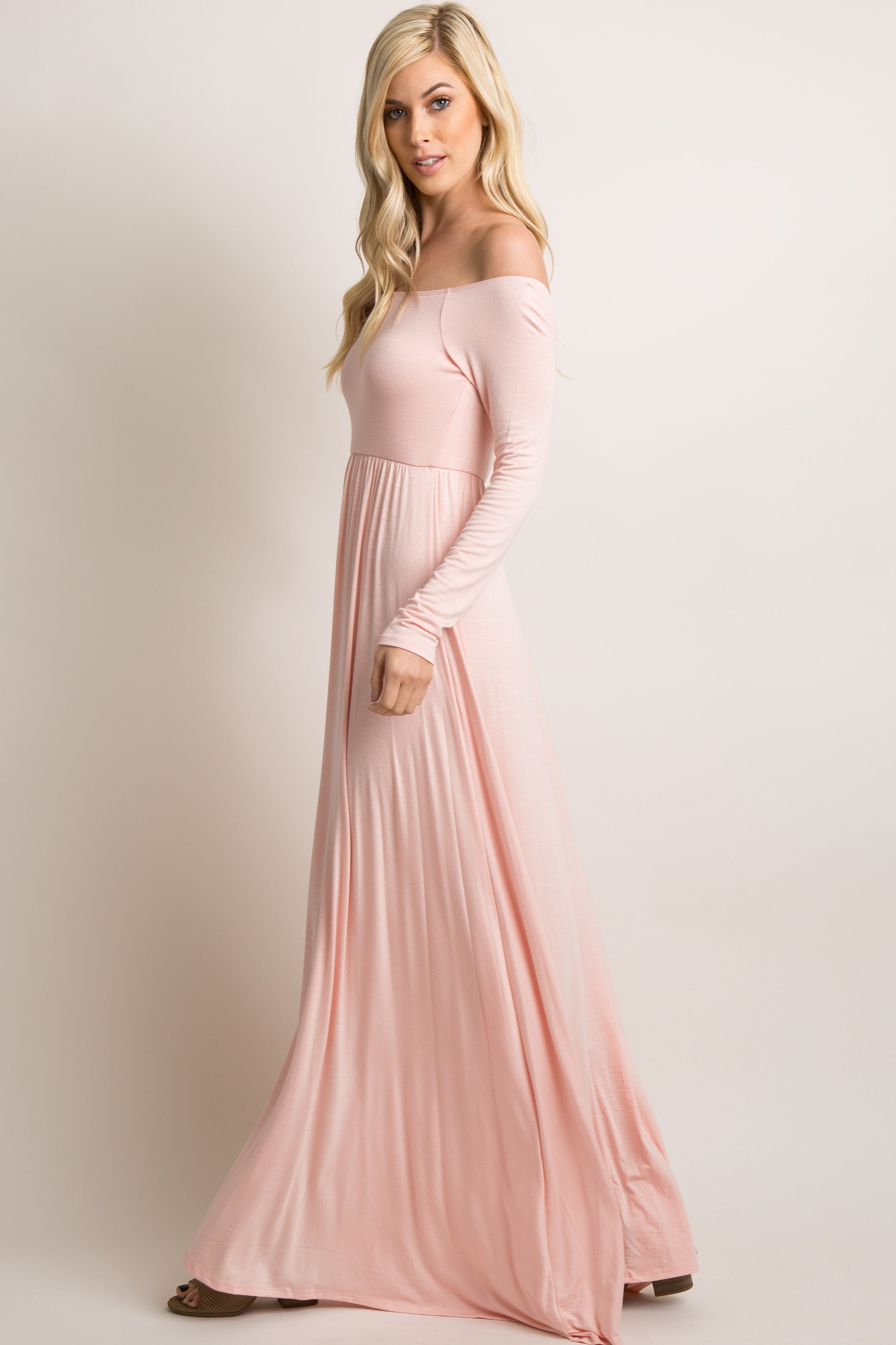 PinkBlush Petite Pink Solid Off Shoulder Maxi Dress, a close-up detail of the soft fabric and off-shoulder neckline.