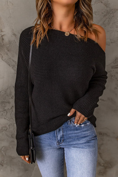 Double Take Horizontal Ribbing One-Shoulder Sweater.