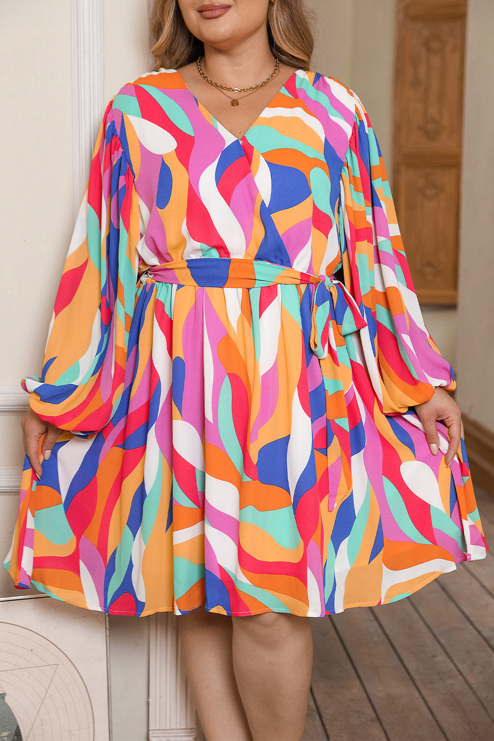 Vibrant multicolor abstract belted shift dress with oversized sleeves