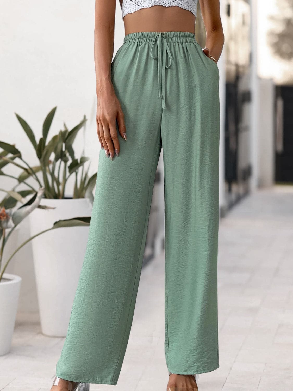 Tied High Waist Wide Leg Pants.