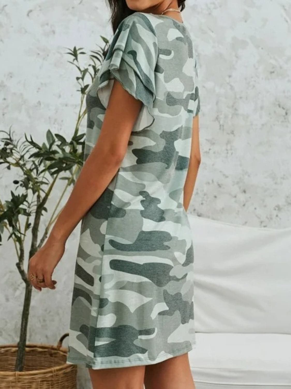 Camouflage Round Neck Short Sleeve Mini Dress.