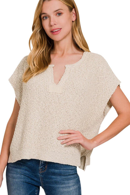 Zenana Short Sleeve Side Slit Sweater.