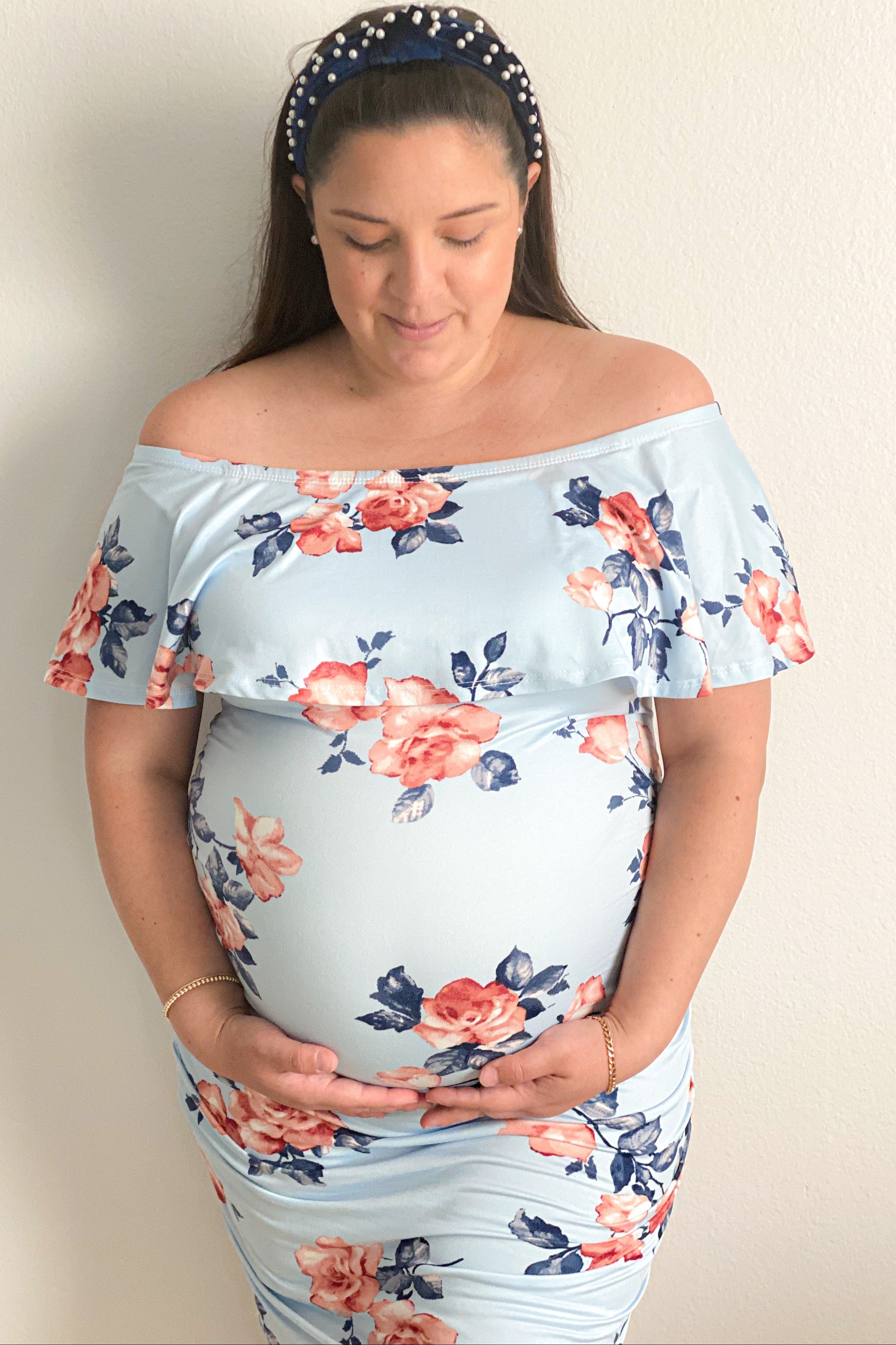 PinkBlush Light Blue Rose Print Ruffle Fitted Maternity Dress - Lifestyle Image
