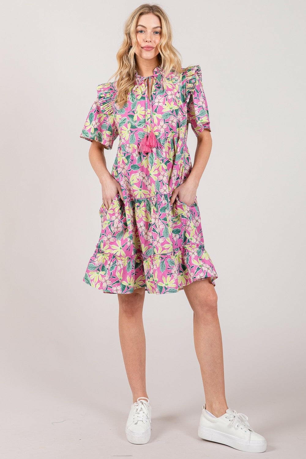 SAGE + FIG Floral Ruffle Short Sleeve Dress.