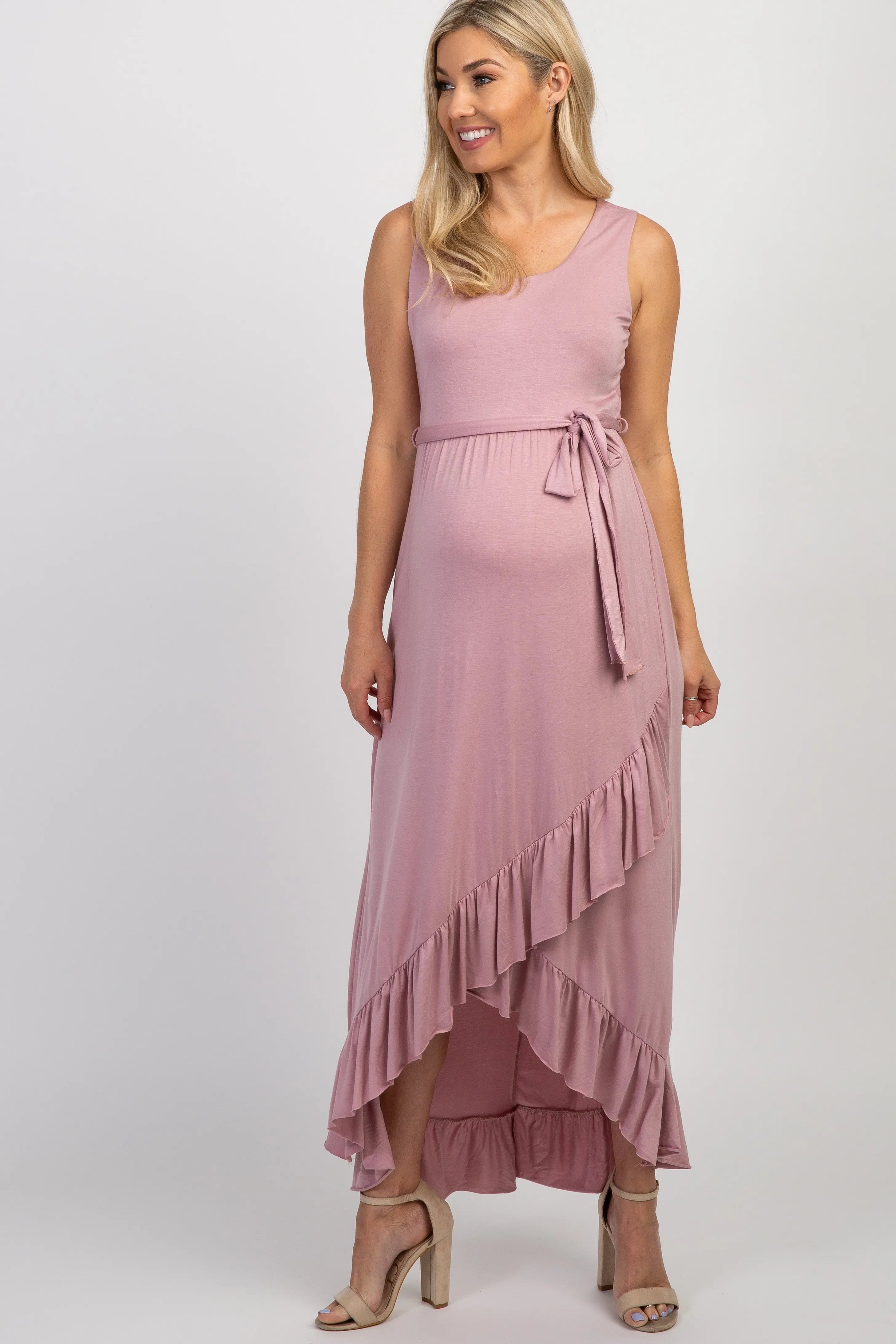 PinkBlush Mauve Sleeveless Hi Low Ruffle Trim Maternity Maxi Dress PinkBlush