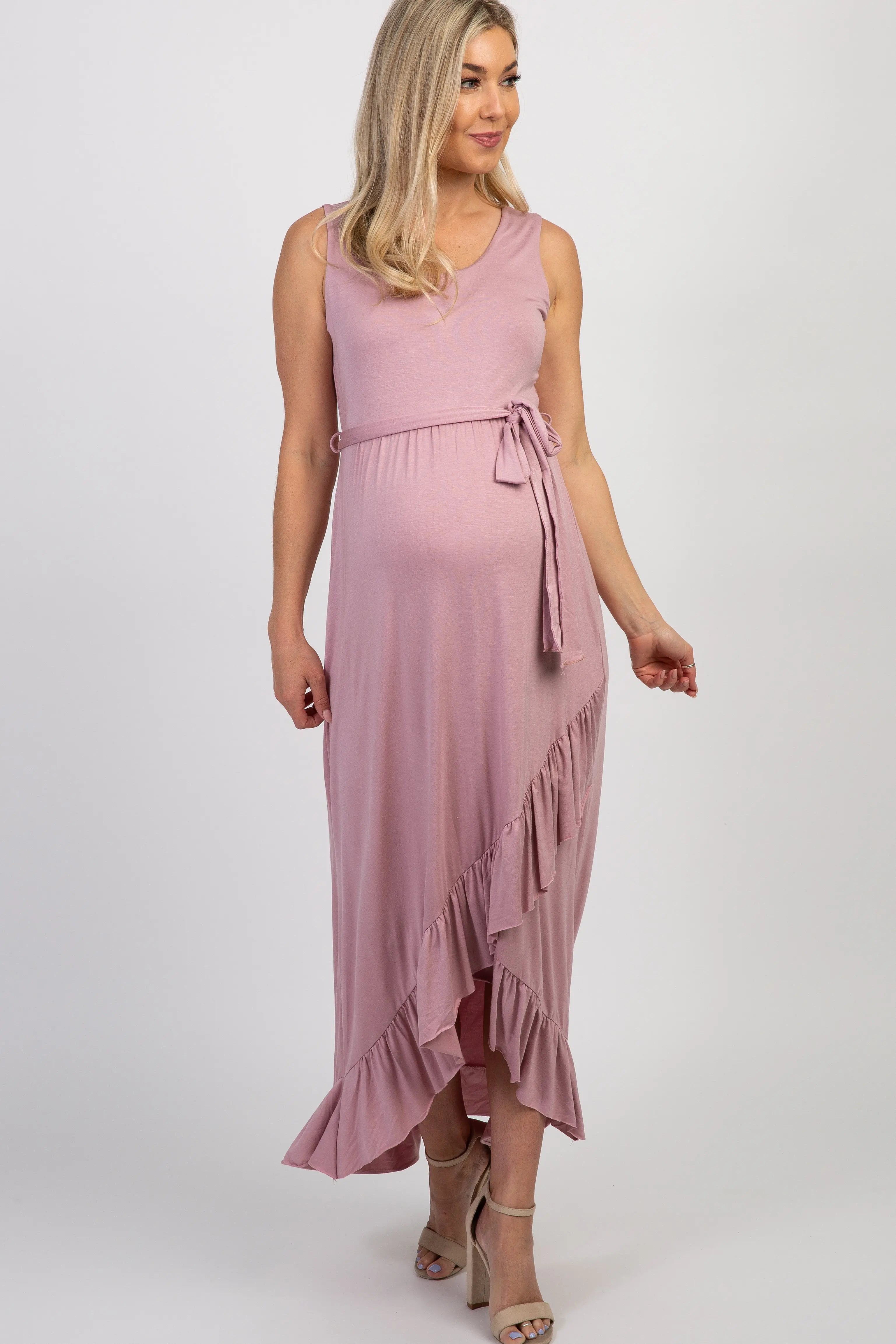 PinkBlush Mauve Sleeveless Hi Low Ruffle Trim Maternity Maxi Dress PinkBlush