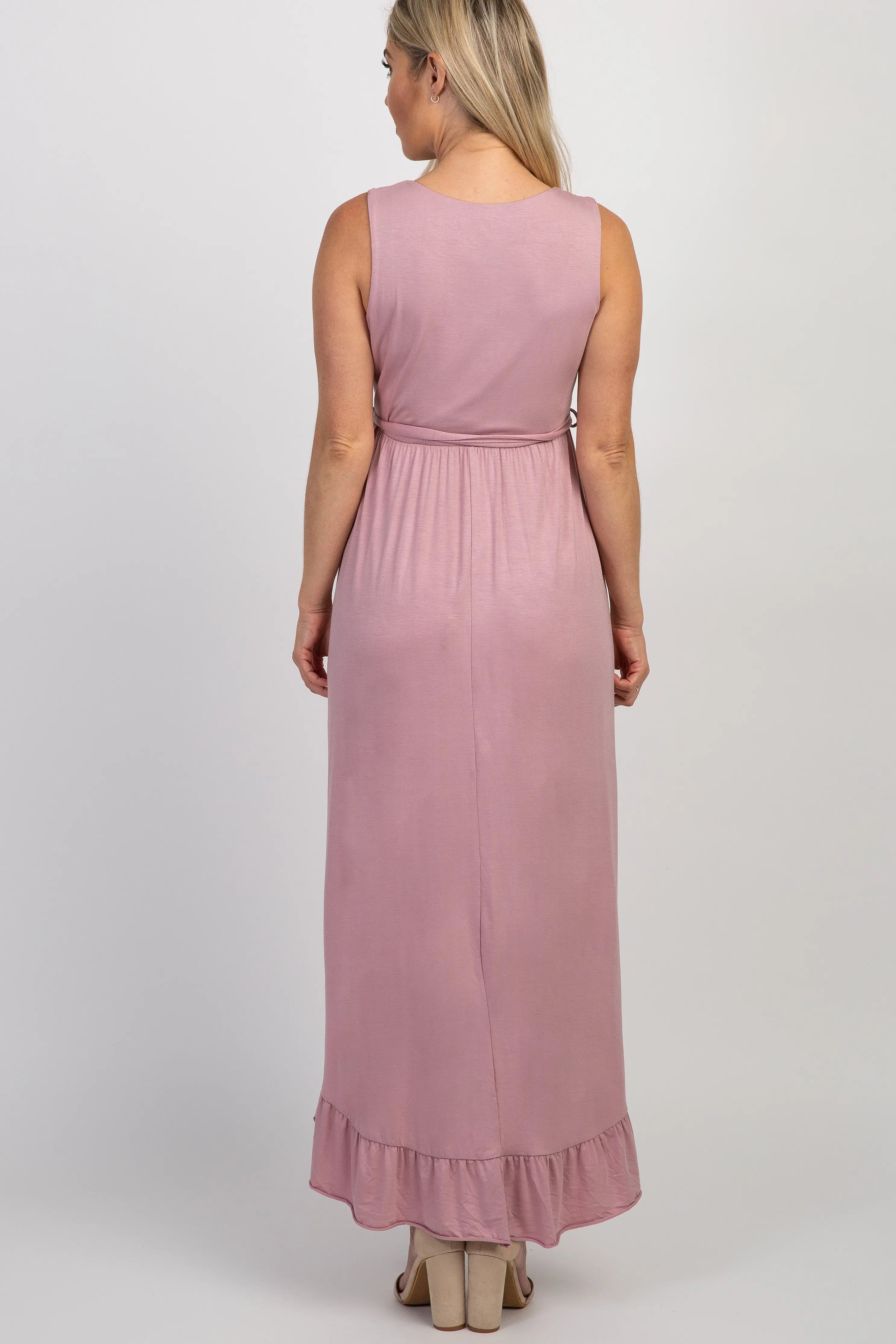 PinkBlush Mauve Sleeveless Hi Low Ruffle Trim Maternity Maxi Dress PinkBlush