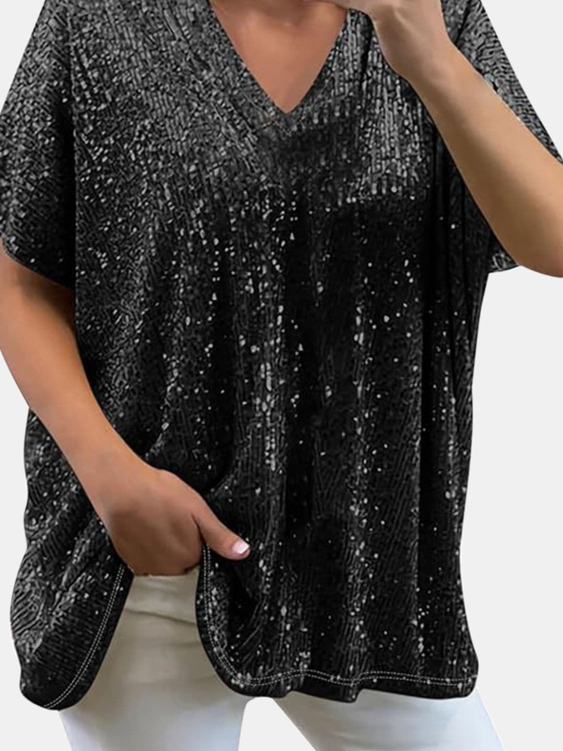 Full Size Sequin V-Neck Short Sleeve Top.