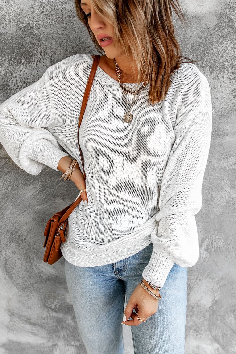 Double Take Tied Balloon Sleeve Round Neck Sweater.