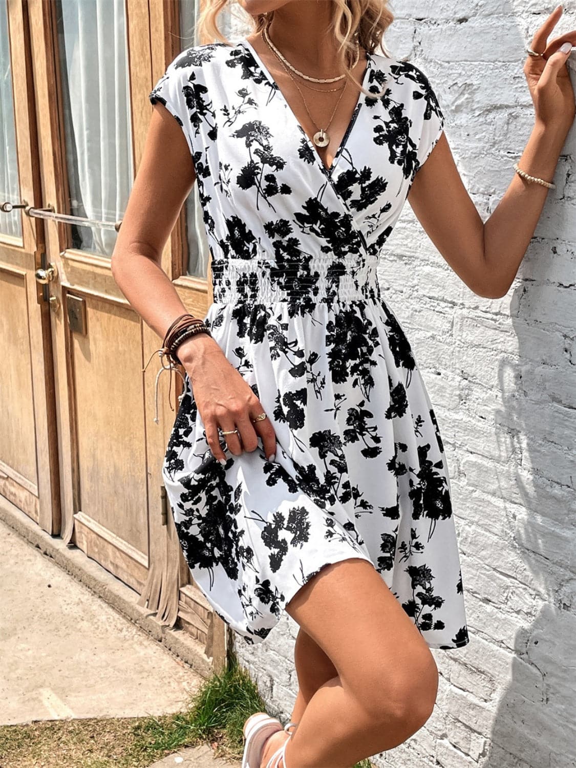 Printed Surplice Cap Sleeve Dress.