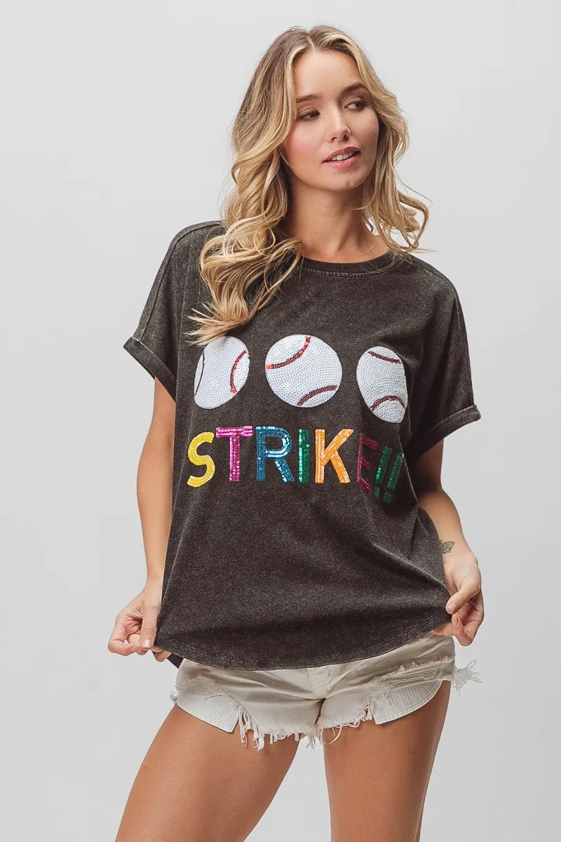 BiBi Sequin Baseballs Strike Washed Short Sleeve Top - Love Salve 