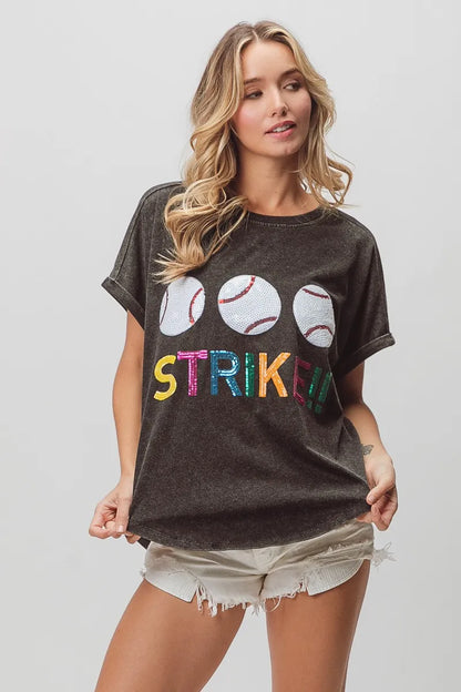 BiBi Sequin Baseballs Strike Washed Short Sleeve Top - Love Salve 