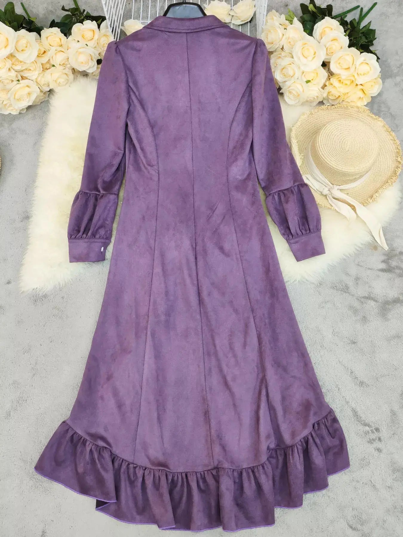 Velvet Ruched Buttoned Midi Dress With High Low Hem Ruffles Simply Love