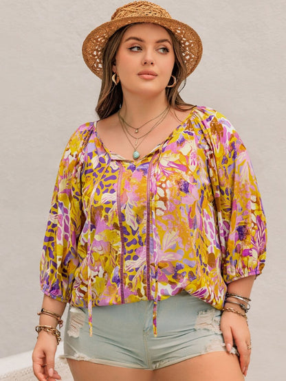 Plus Size Printed Tie Neck Blouse.