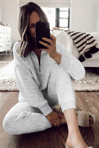 Cozy gray half-zip lounge set with drawstring high-waist pants