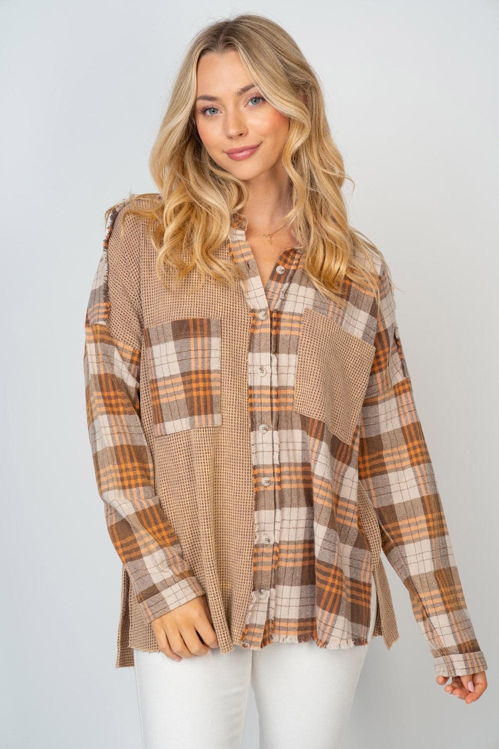 White Birch Full Size Contrast Plaid Button Down Shirt.