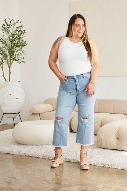 RFM Full Size Tummy Control High Waist Raw Hem Distressed Jeans.