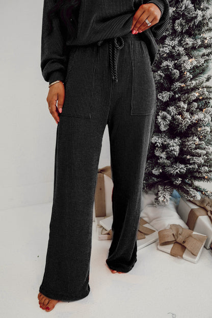 Black Jolly Corded Long Sleeve Top And Pockets Pants Set
