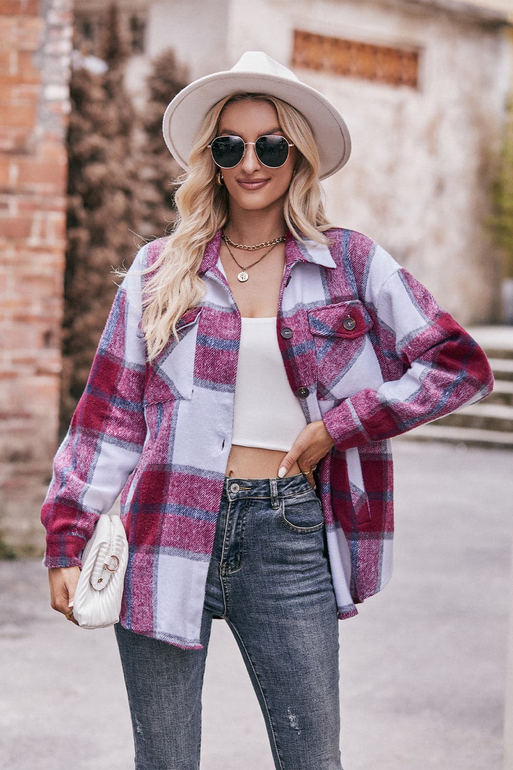 Plaid Long Sleeve Shirt Jacket with Pockets.