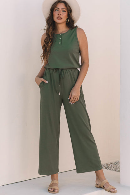 Vineyard Green Sleeveless Wide-Leg Jumpsuit with Drawstring Waist and Button Detail