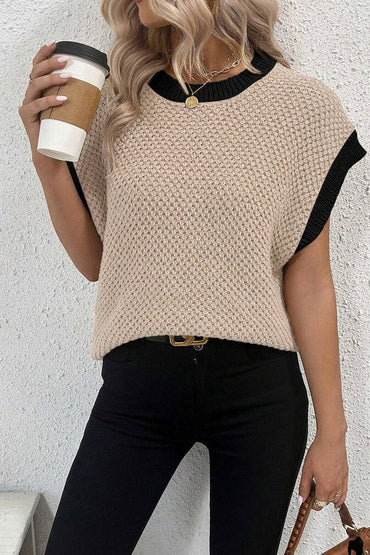 Contrast Round Neck Cap Sleeve Knit Top.