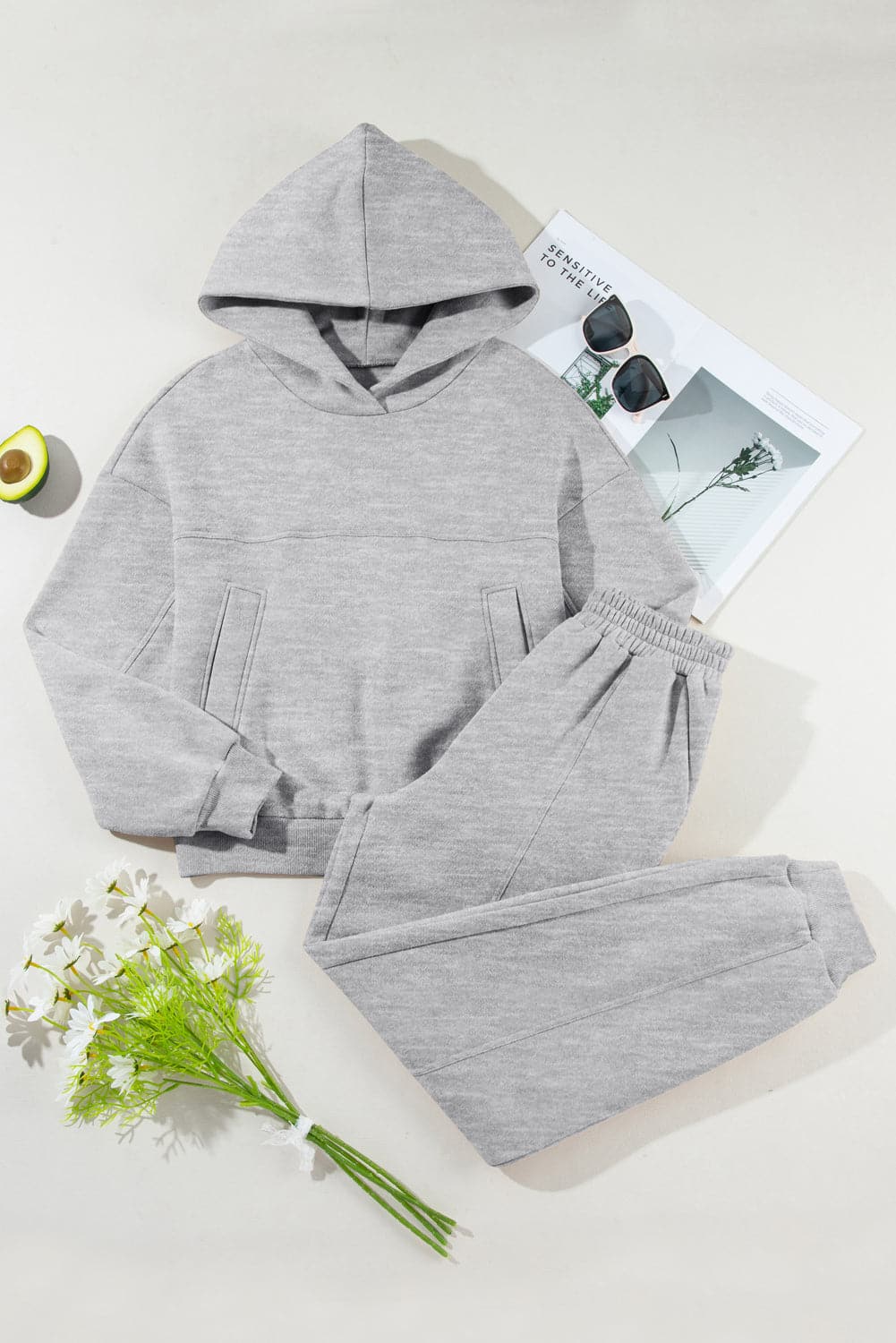 Dropped Shoulder Long Sleeve Hoodie and Pants Active Set.