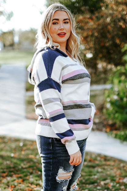 Cozy Plus Size Hooded Striped Knit Sweater