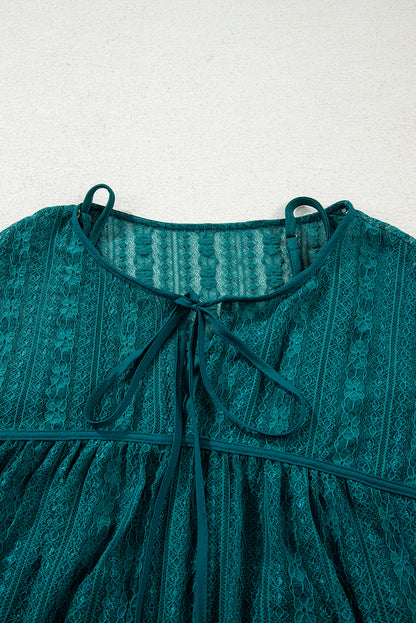 Premium Evergreen Sheer Lace Balloon Sleeve Babydoll Blouse