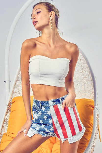 BiBi US Flag Theme Bleached Denim Shorts.