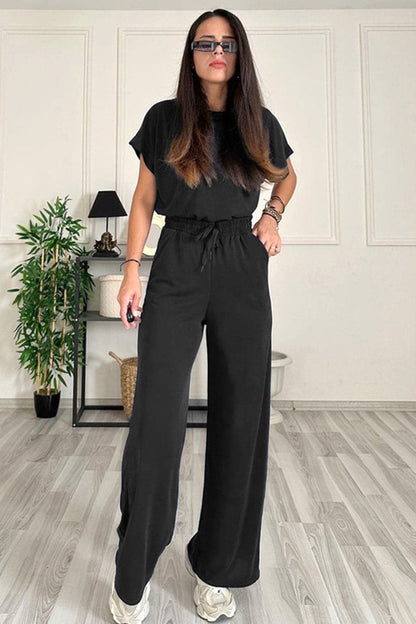 Round Neck Short Sleeve Top and Drawstring Pants Set.