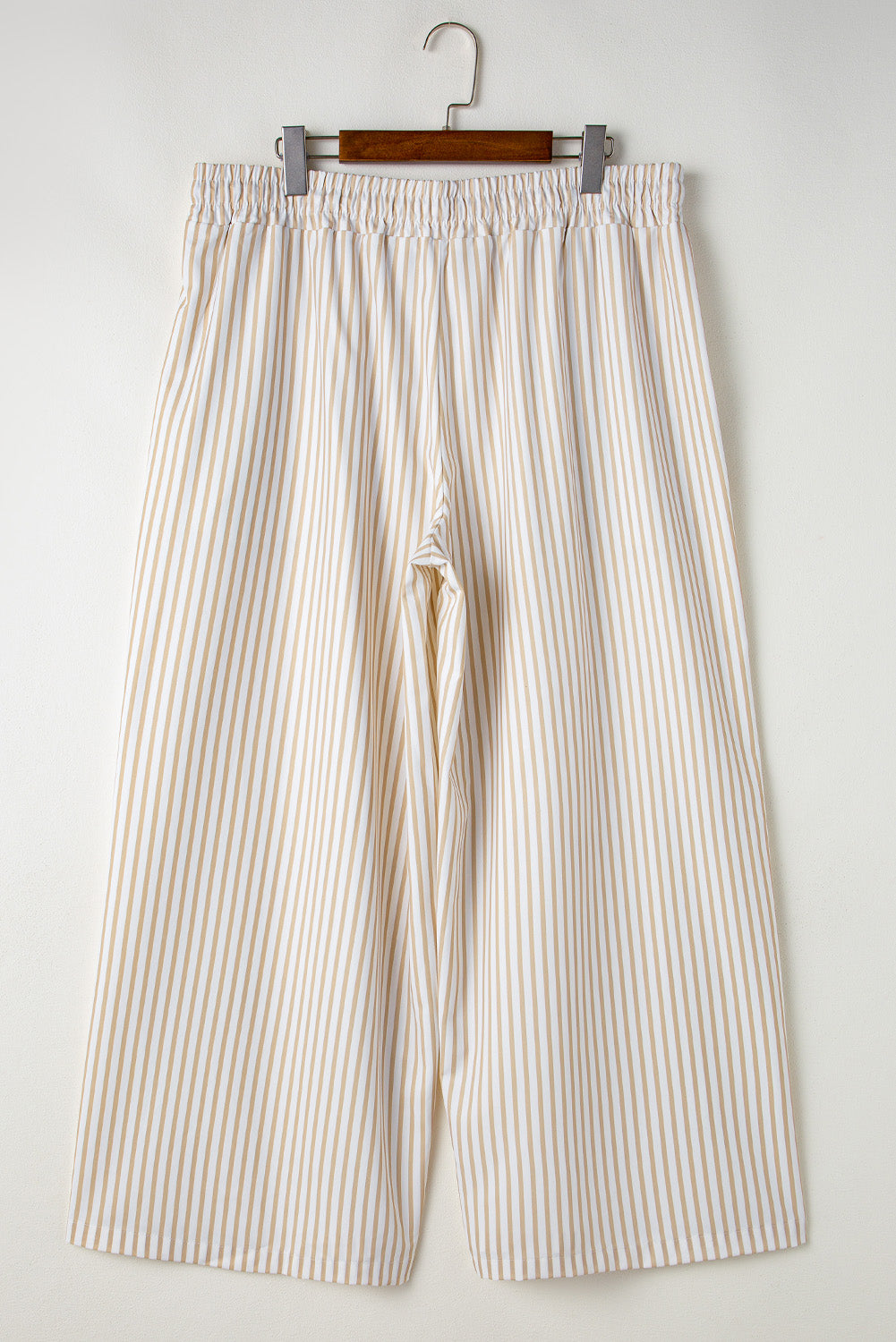 Chic khaki striped plus-size wide-leg pants with drawstring waist