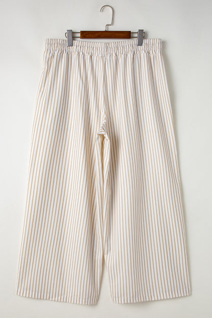 Chic khaki striped plus-size wide-leg pants with drawstring waist