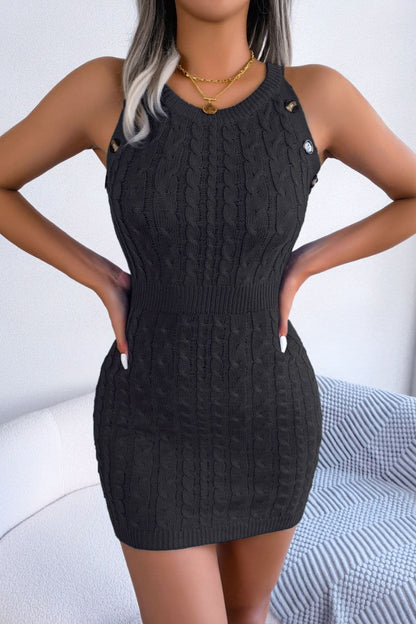 Decorative Button Sleeveless Cable-Knit Dress.