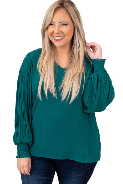 Chic green pleated bubble sleeve blouse for plus sizes