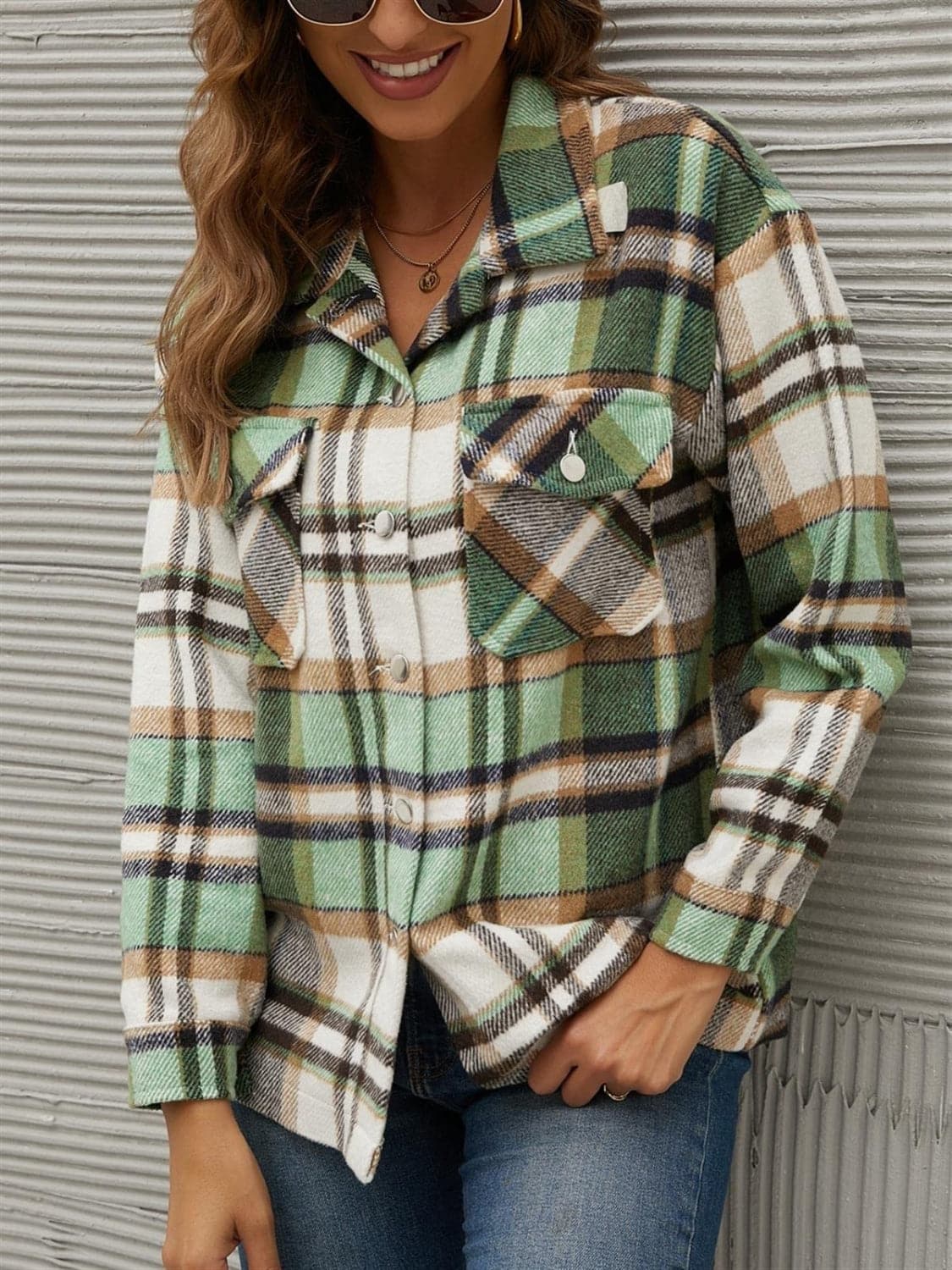 Chic plaid long sleeve jacket with pockets