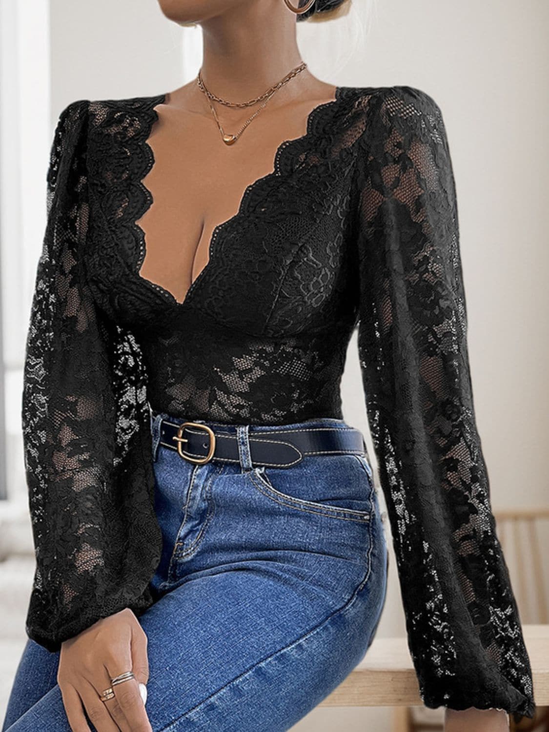 Lace-embellished plunge long sleeve bodysuit