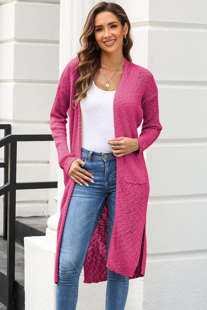 Open Front Slit Cardigan with Pockets.