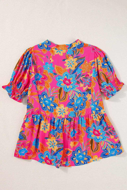 Peplum Printed Notched Short Sleeve Blouse.