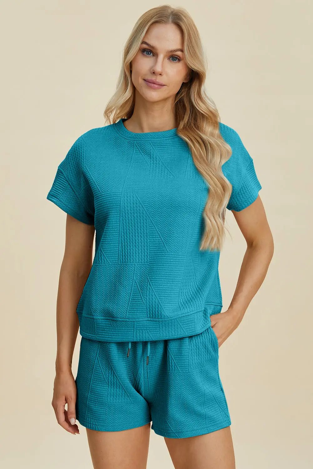 Double Take Full Size Texture Short Sleeve Top and Shorts Set - Love Salve