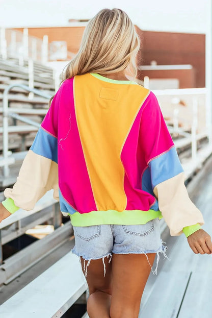 Chic color block long sleeve top with pockets