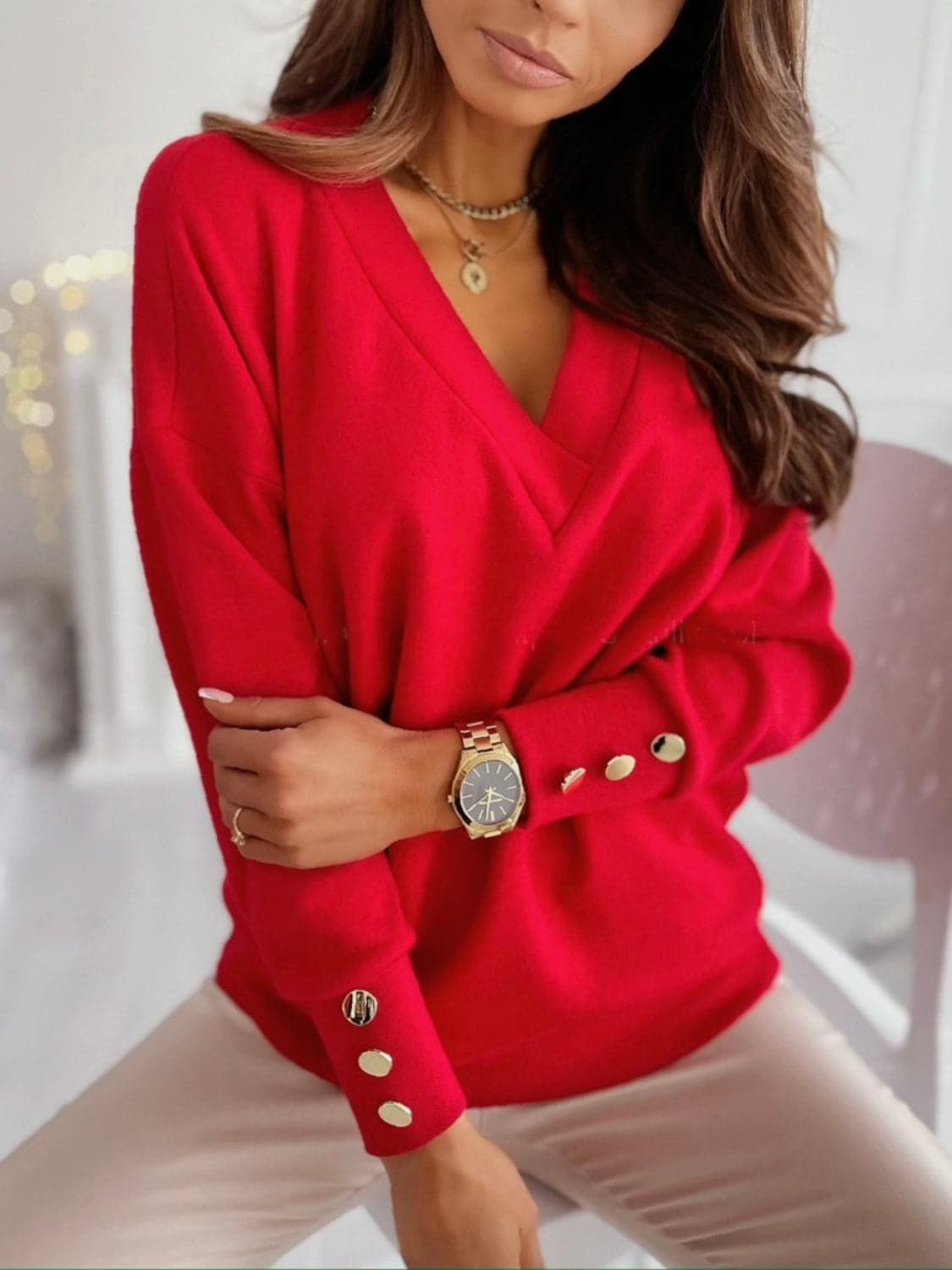 Chic V-neck long sleeve pullover with decorative buttons