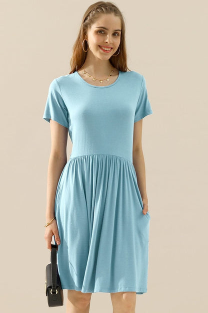 Ninexis Full Size Round Neck Ruched Dress with Pockets.